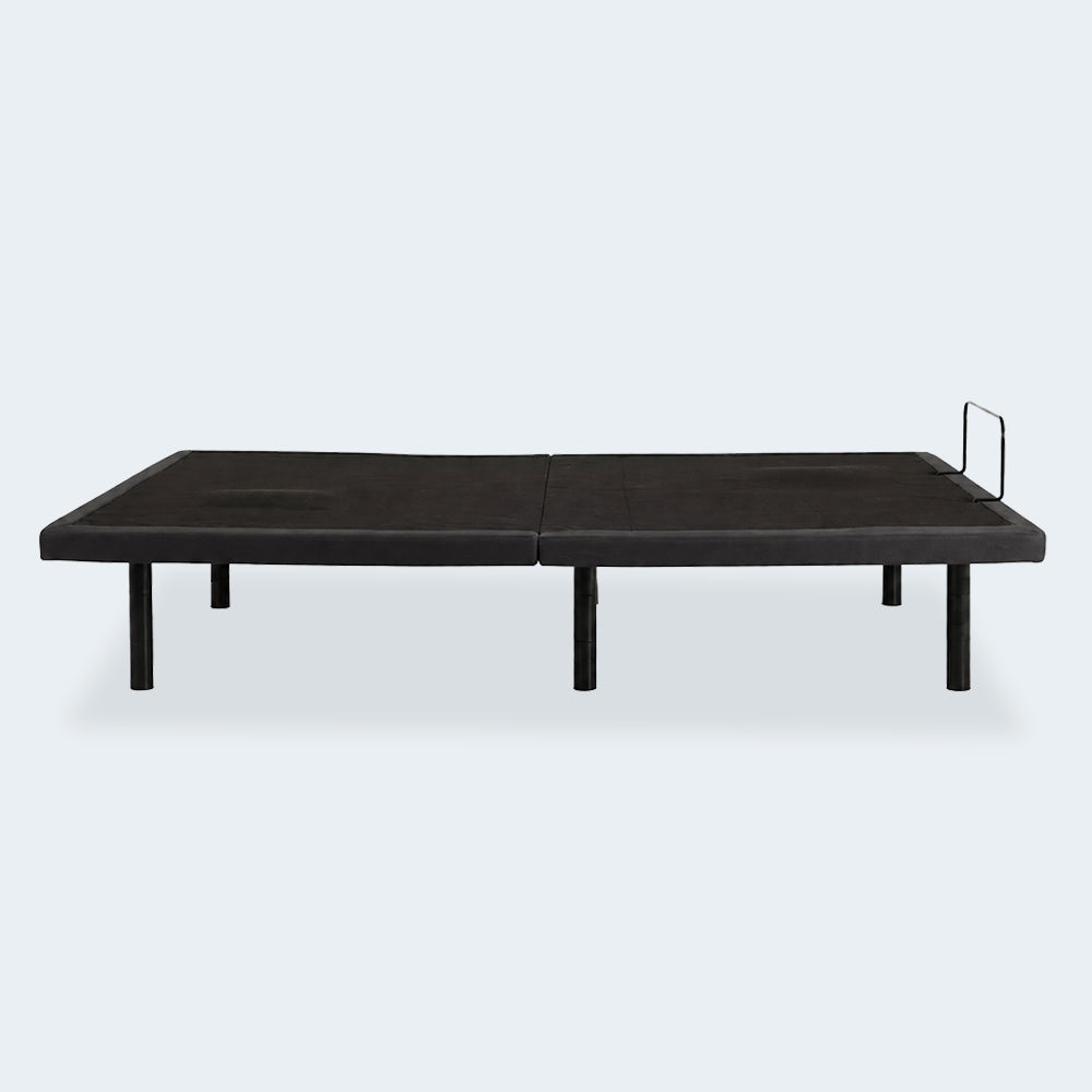 Baselogic Gold power base in flat position featuring a sleek black metal frame and mattress retainer bar.
