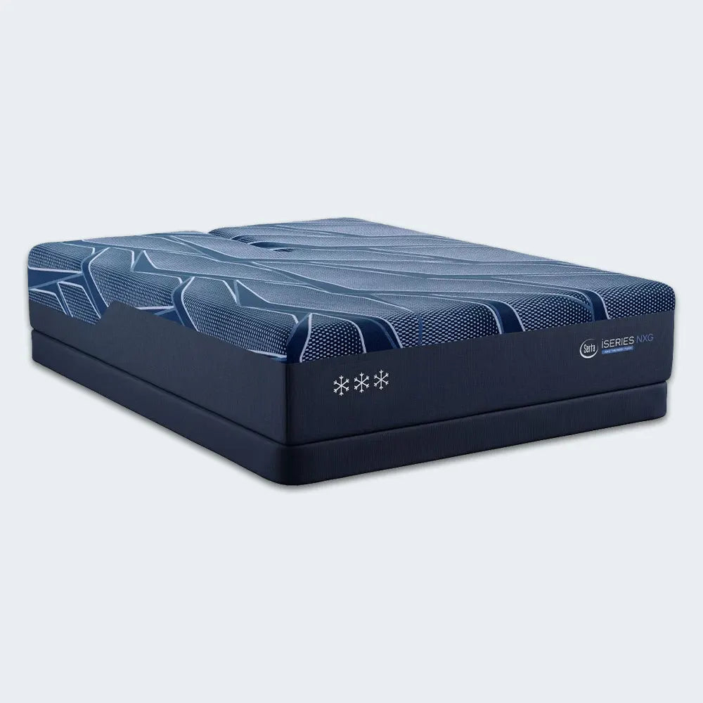 Angled view of the Serta iSeries NXG 3500 13.5" mattress featuring a geometric cooling cover.
