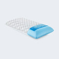 Removable white Tencel cover on a Malouf Gel Cooling Dough memory foam pillow for easy cleaning and comfort.