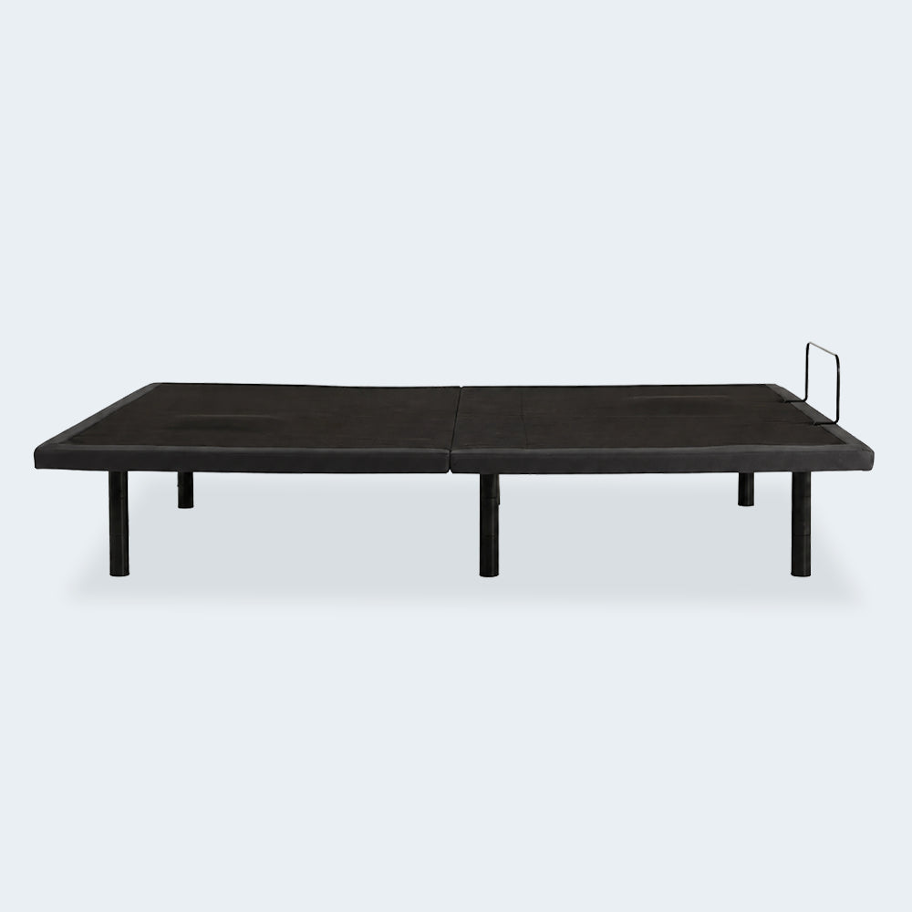 Baselogic Silver adjustable power base in the flat position featuring a sturdy black metal frame and mattress retainer bar.
