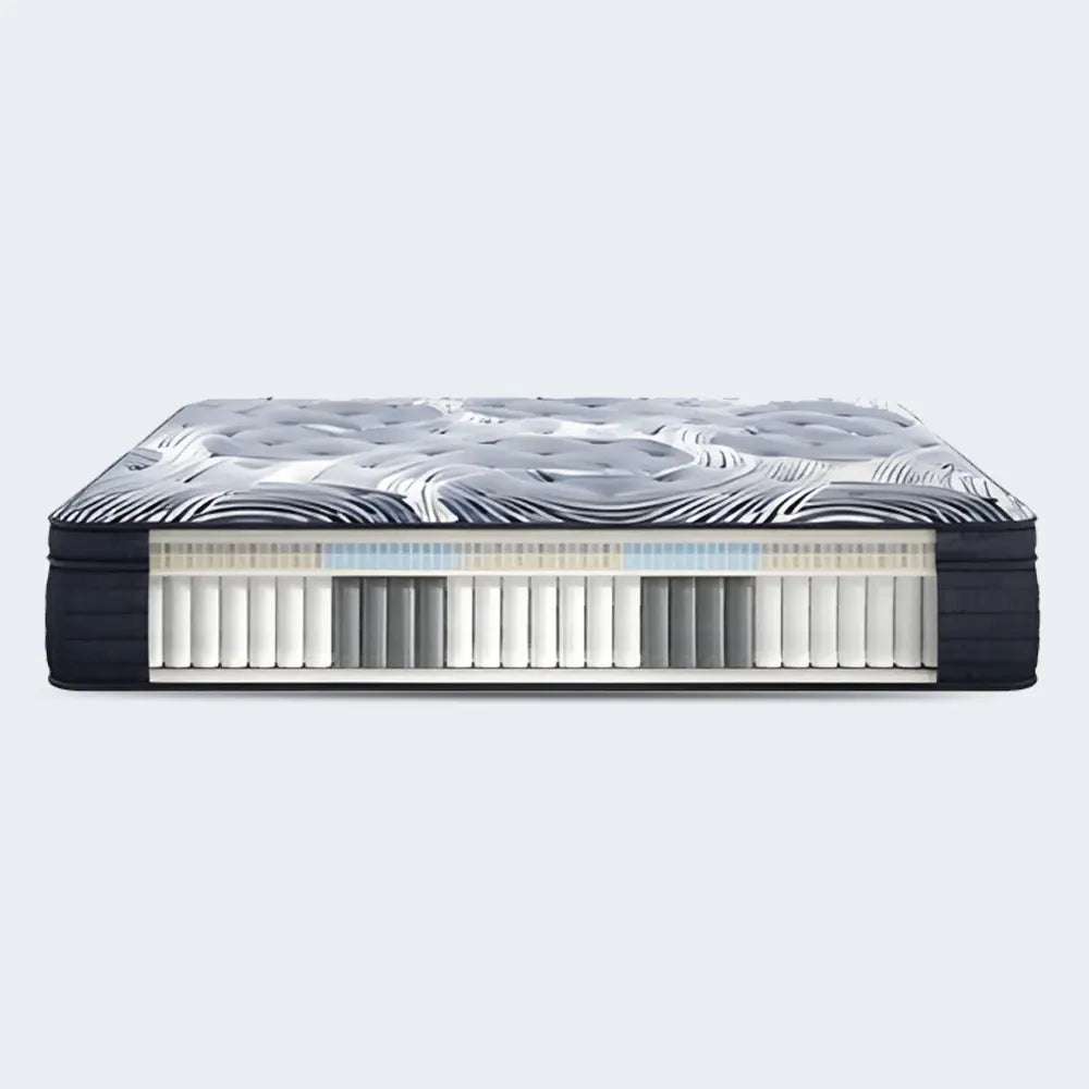Cutaway view of Serta Edinburgh 15 inch plush pillow top mattress showing 5-zone support and individual coils.
