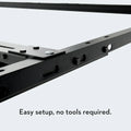 Malouf adjustable bed frame featuring tool-free assembly and quick-snap interlocking steel joints for easy setup.
