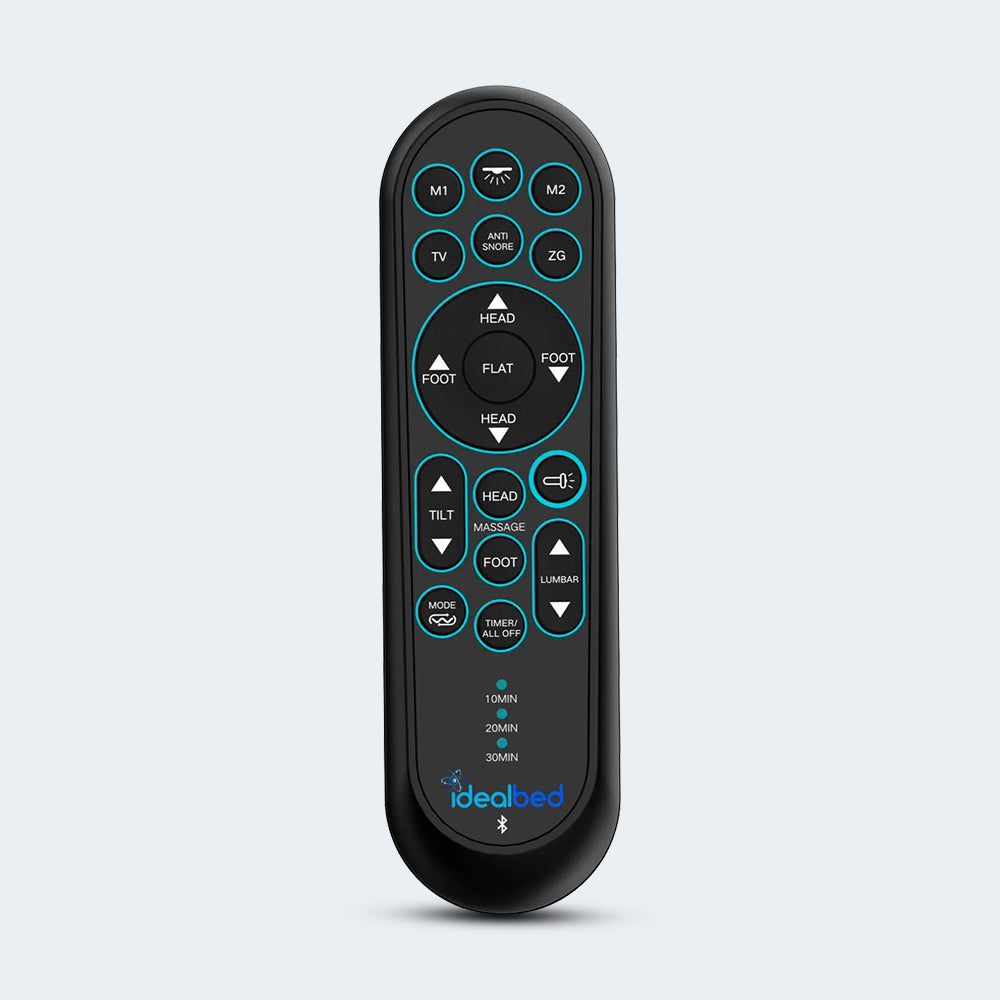 Advanced wireless remote for the iDealBed Smart 7i with Bluetooth connectivity and dedicated buttons for lumbar support, massage, and Zero Gravity.
