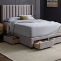 Malouf Watson storage bed with open drawers in a modern bedroom setting for clutter-free underbed organization.
