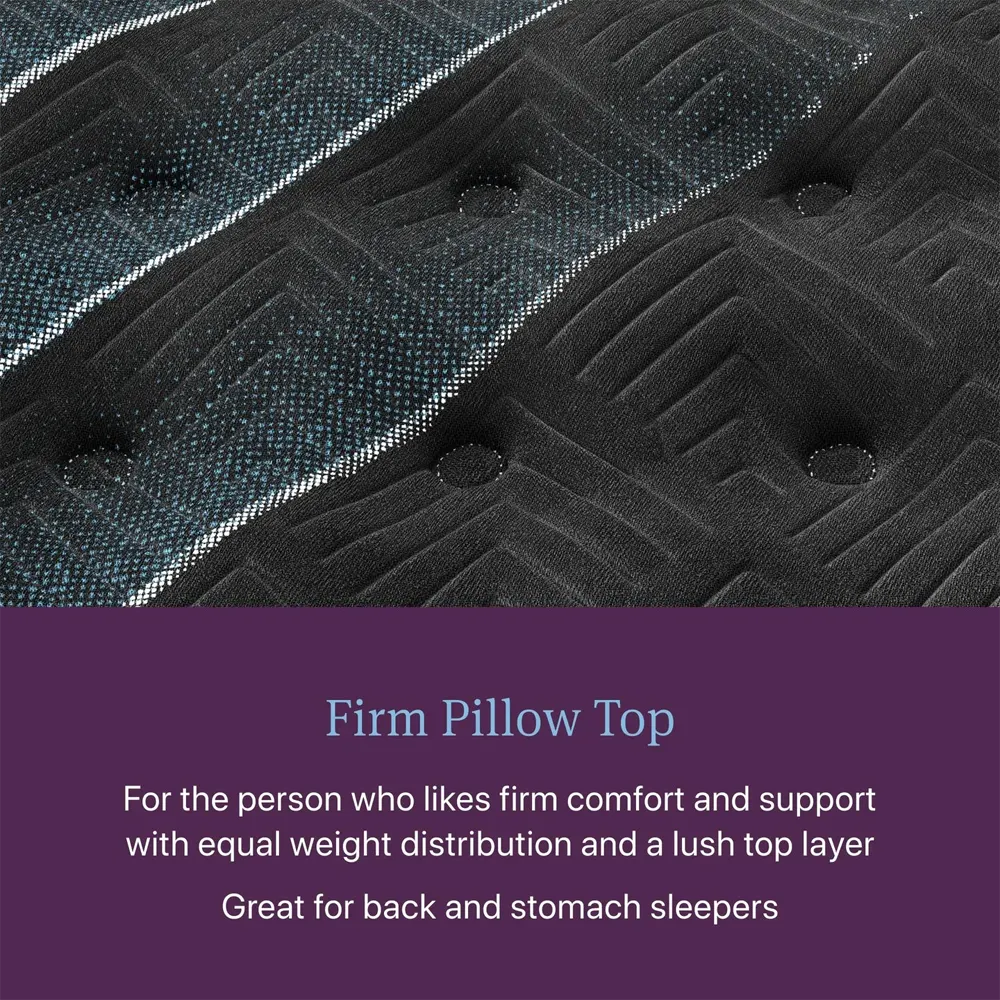 Simmons Beautyrest World Class Firm Pillow Top provides stable weight distribution for back and stomach sleepers.
