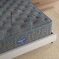 Close-up of Beautyrest Level Two mattress edge and plush pillow top surface for cooling, restorative sleep.
