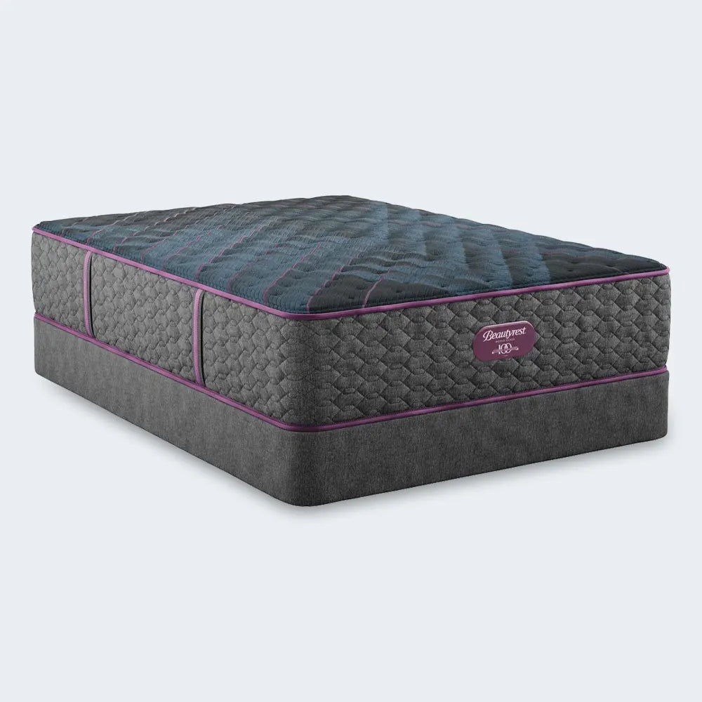 Simmons Beautyrest World Class 14.25" Extra Firm Mattress and matching foundation for stable support.
