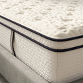 Detailed close-up of the Sofinity Hybrid Plus mattress corner showing the high-quality stitching, durable side panels, and signature navy blue piping.
