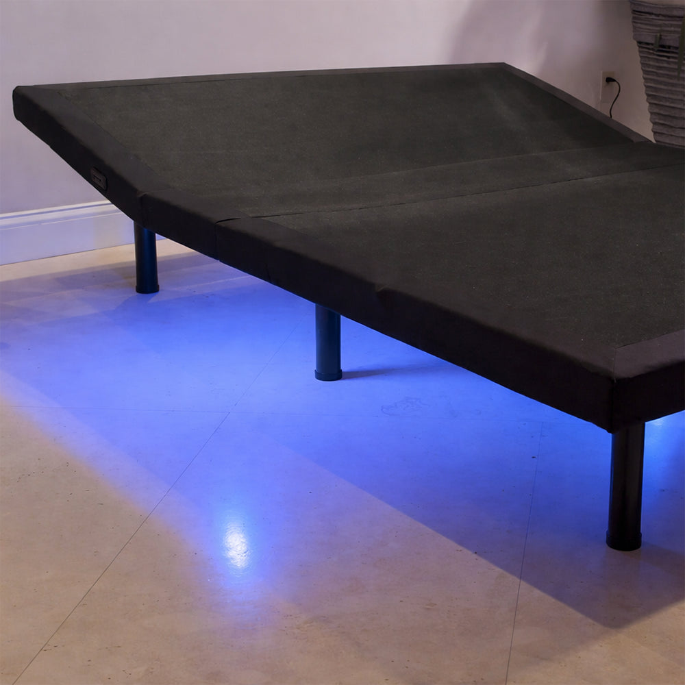 Customatic Dreamsense The Harmony adjustable base featuring under-bed blue LED lighting for safety and ambiance.
