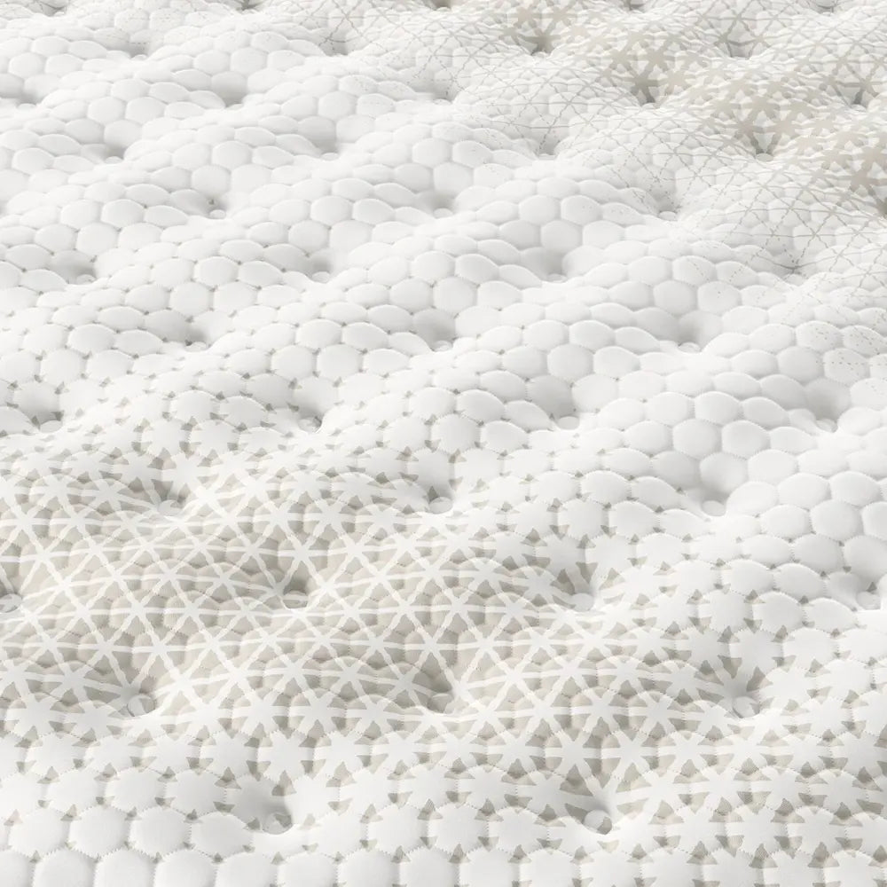 Close-up of the geometric quilted cover on a Serta iComfortPRO Ambrose firm 13 inch mattress.
