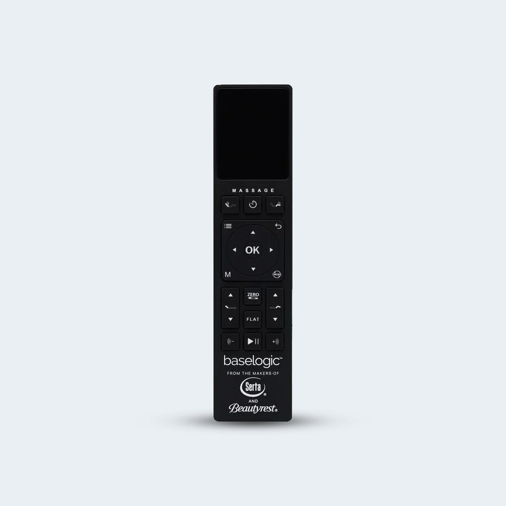 Wireless LCD remote control for the Baselogic Platinum base, featuring presets for Serta and Beautyrest adjustable bed functions.
