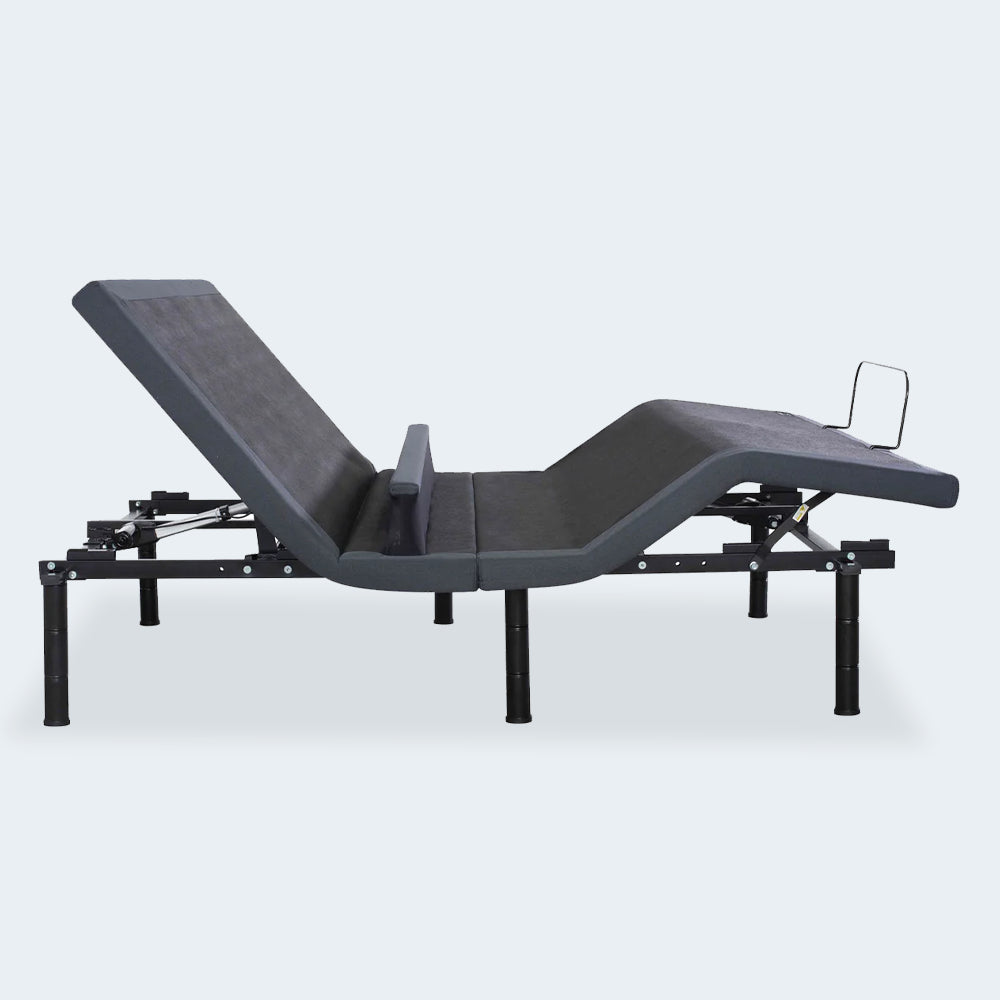 Side profile of the baselogic™ Pearl Smart Bed Base showing maximum head and foot articulation for a therapeutic zero-gravity experience.
