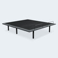 Customatic Dreamsense The Balance wireless adjustable bed base in a flat position showing the grey upholstered frame and mattress retainer bars.
