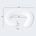 Dimensions diagram of the Malouf wrap-around pregnancy pillow measuring 52x28 inches with a 7-inch loft.
