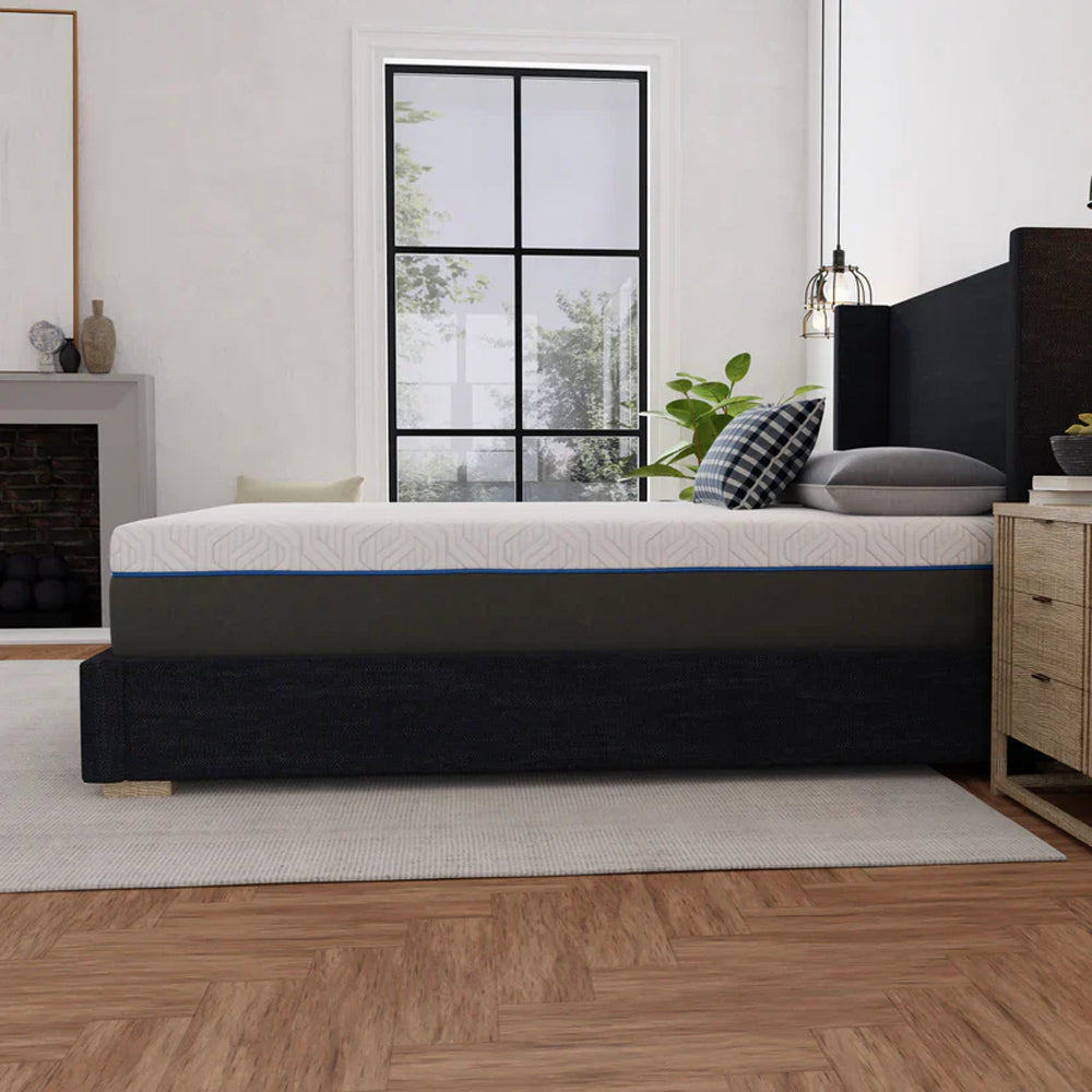 Side profile of the 12-inch thick South Bay Lavender memory foam mattress illustrating its deep support layers and compatible low-profile bed frame.
