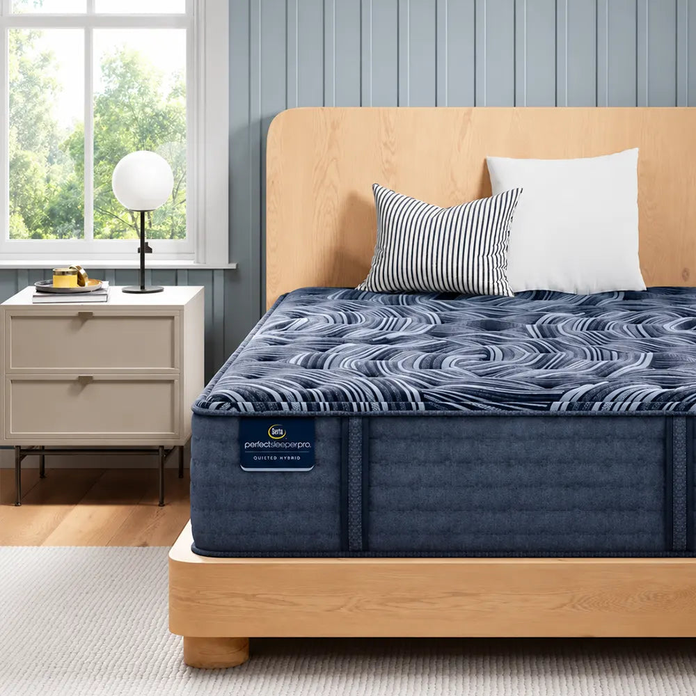 Side profile of the Serta Paris 15 inch latex hybrid mattress with gentle support and breathable cooling fabric.
