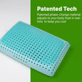 Perforated blue gel memory foam infused with phase-change material for real-time cooling comfort.
