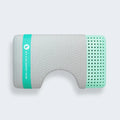 Top view of the Blu Sleep Bio Aloe memory foam pillow with ergonomic shoulder cutout and a washable padded cover.
