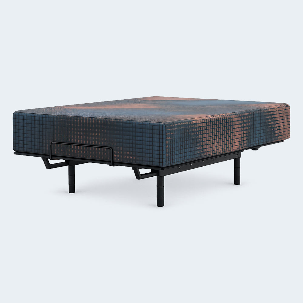 Side perspective of the 13-inch Ashley Firm Hybrid mattress shown on an adjustable power base illustrating flexibility and motion isolation.

