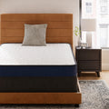 Frontal view of the Ashley 6-inch firm mattress on a tan upholstered headboard frame, ideal for a minimalist bedroom aesthetic.
