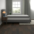 Front view of the American Bedding Cymbal Jingle Plush Hybrid Mattress styled on a contemporary grey upholstered platform bed frame.

