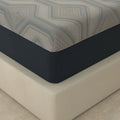 Close-up of the corner of an American Bedding Isotonic Percy Plush Hybrid Mattress featuring a grey geometric cooling cover and navy blue side panels.
