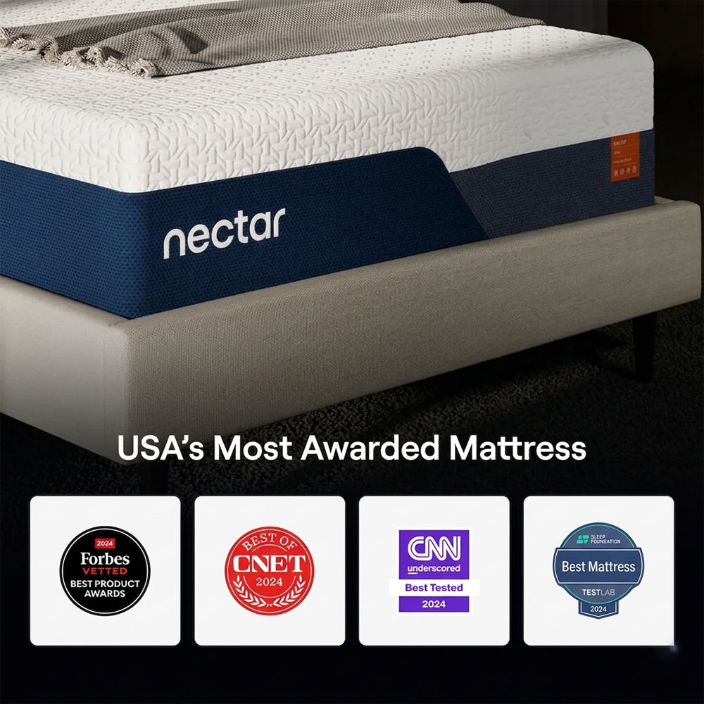 Award badges for Nectar Ultra mattress including 2024 accolades from Forbes Vetted, CNET Best of 2024, CNN Underscored, and Sleep Foundation Best Mattress.
