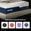 Award badges for Nectar Ultra mattress including 2024 accolades from Forbes Vetted, CNET Best of 2024, CNN Underscored, and Sleep Foundation Best Mattress.
