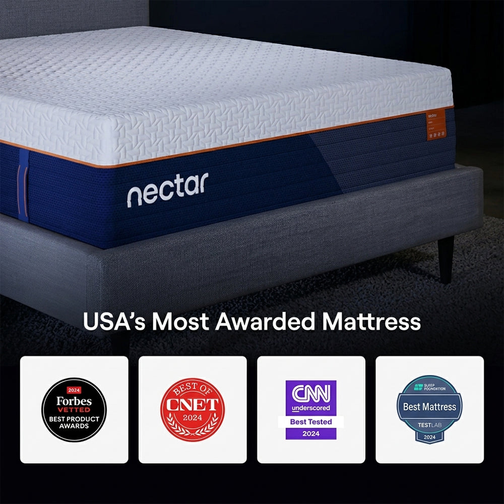 Close-up of the Nectar Ultra Hybrid Mattress corner featuring the brand logo and award badges from Forbes Vetted, CNET, CNN, and Sleep Foundation.
