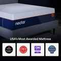 Close-up of the Nectar Ultra Hybrid Mattress corner featuring the brand logo and award badges from Forbes Vetted, CNET, CNN, and Sleep Foundation.
