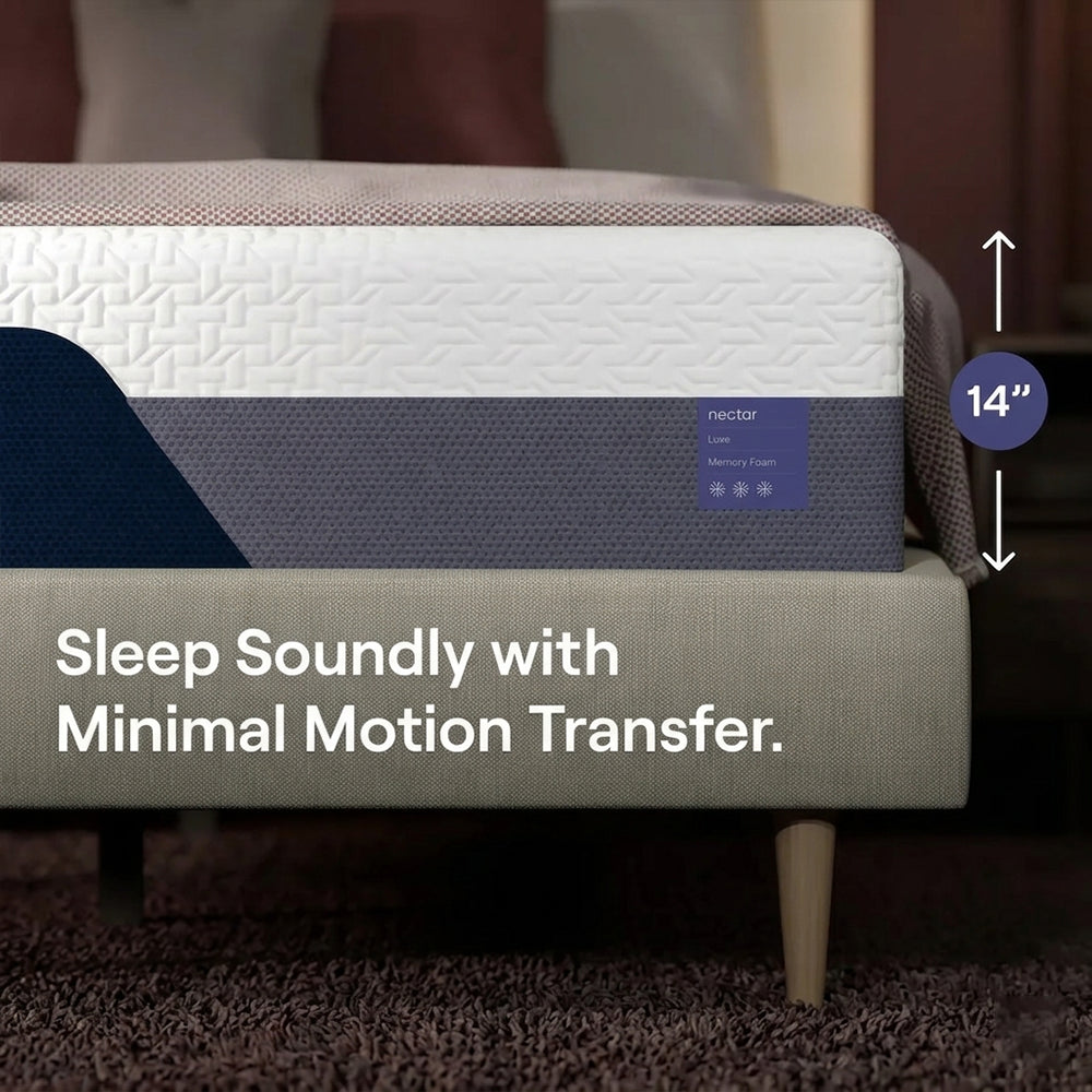 Side profile detail of the Nectar Luxe 14-inch mattress highlighting the luxury height and minimal motion transfer technology for undisturbed sleep.
