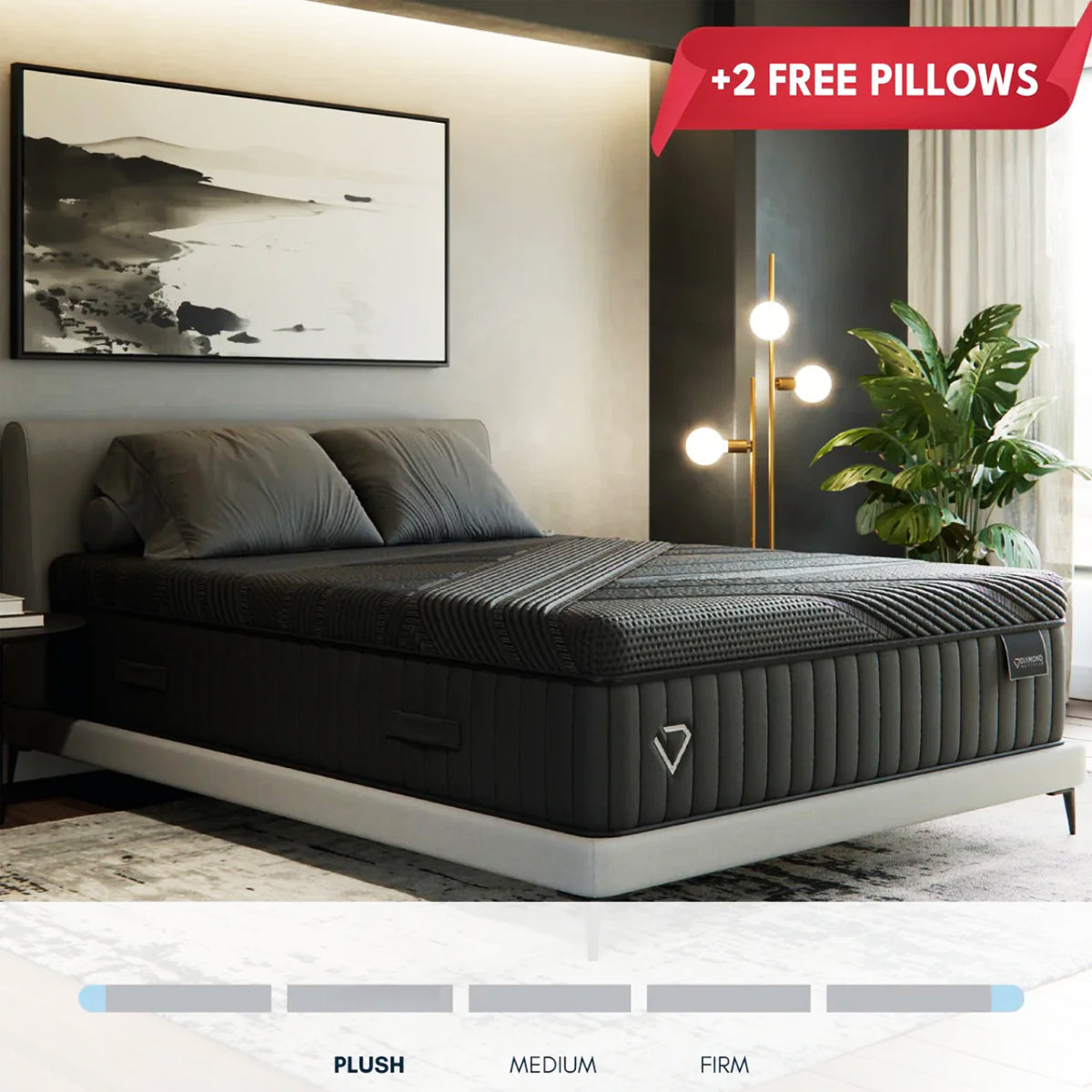 Black Diamond Hybrid 15" Mattress in a plush bedroom setting on a white platform bed frame.