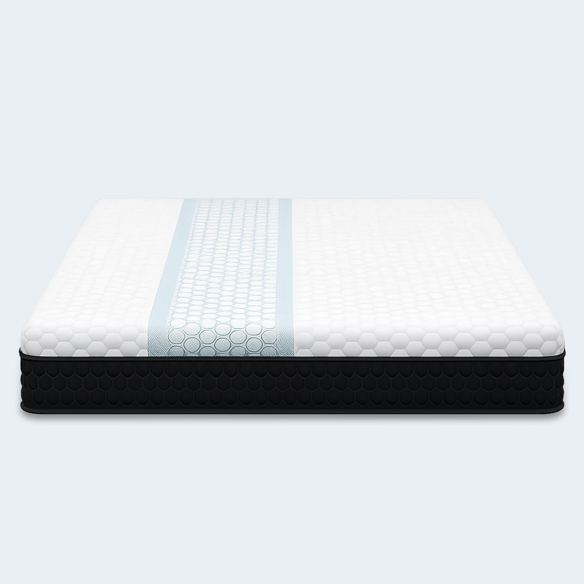 Front view of the Restore Copper 10" Foam Mattress featuring a breathable white top and cooling blue center stripe.