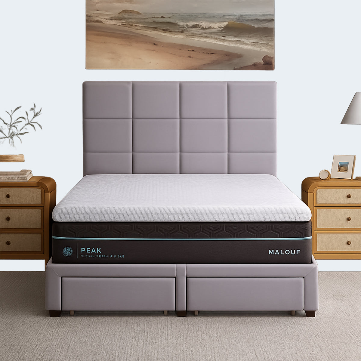 Front view of the Malouf Gel Memory Foam Mattress Topper on a luxury bed with decorative pillows and headboard.