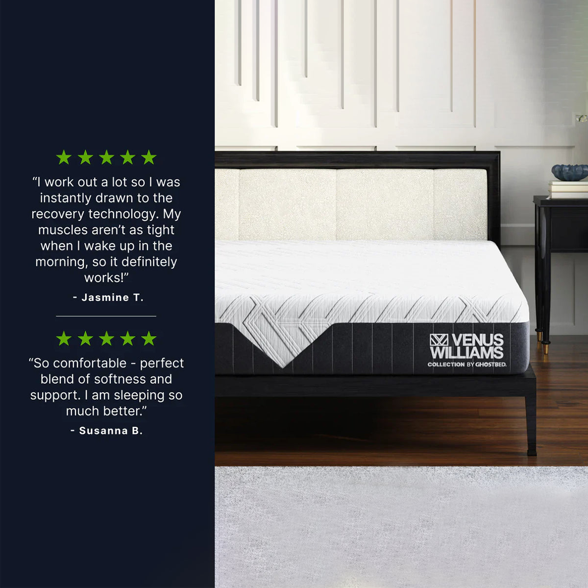 Customer reviews for the Venus Williams Legend 13" Memory Foam Mattress by GhostBed in a modern bedroom setting.
