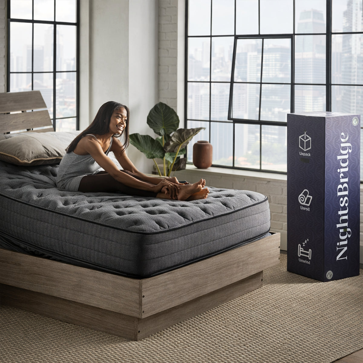 A woman stretching on a newly unboxed Nights Bridge mattress-in-a-box, showcasing easy setup in a contemporary home.
