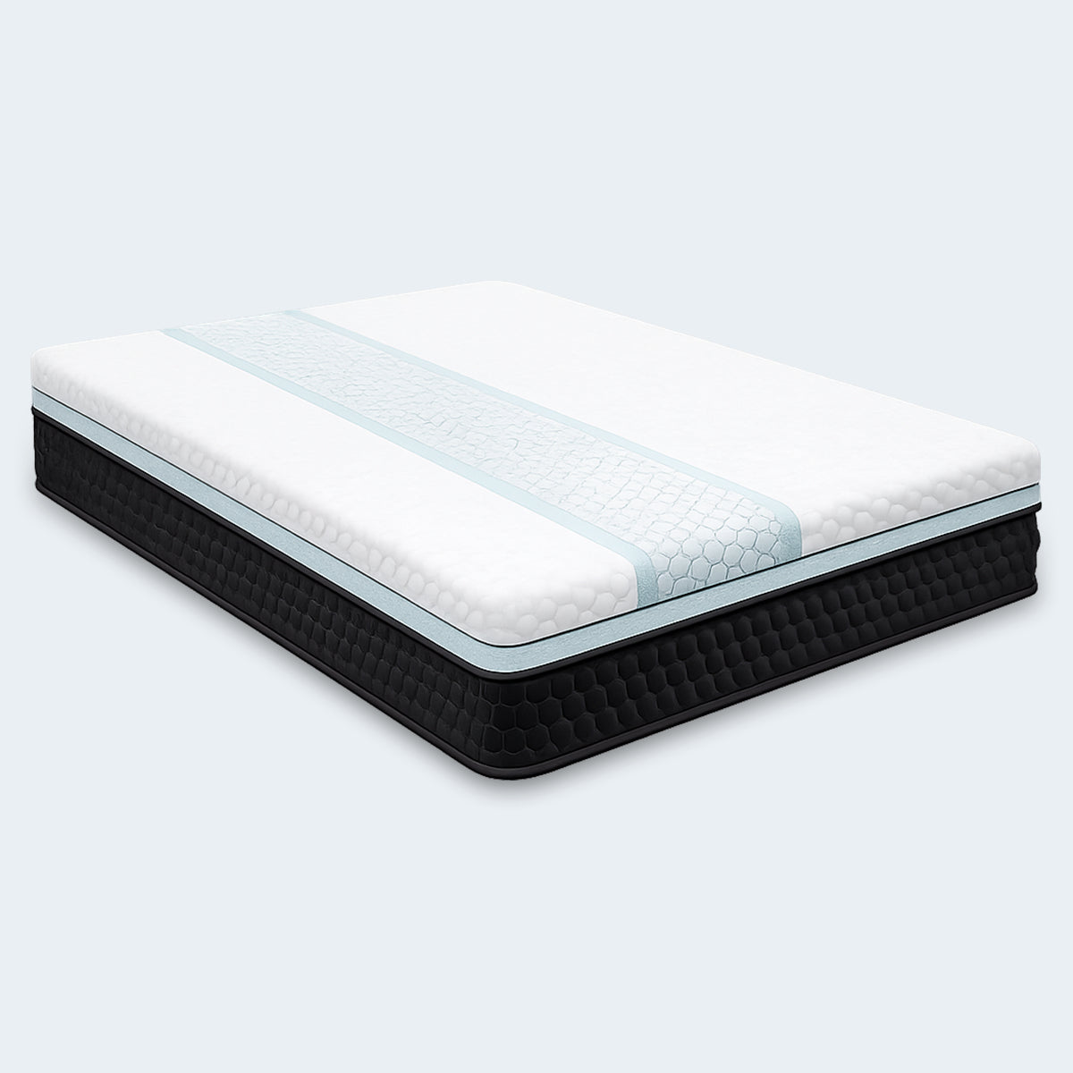 Front-facing view of the Restore Plus Copper 12-inch foam mattress by Diamond featuring a white cooling cover with a blue stripe and black honeycomb textured base.
