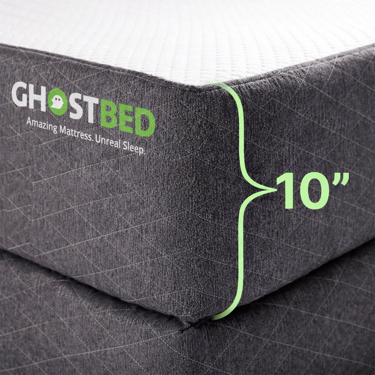Detailed profile view of the GhostBed RV mattress showcasing its 10-inch thickness and high-quality fabric construction.
