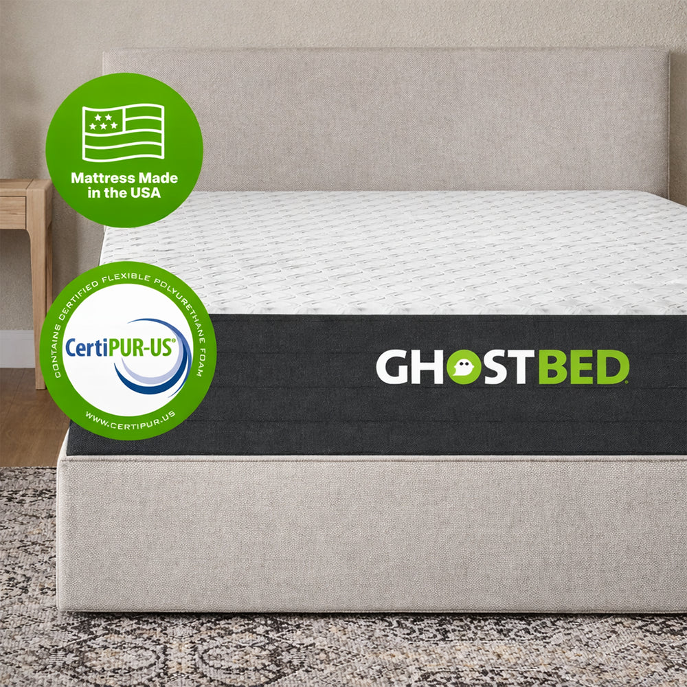Close-up of a GhostBed mattress corner featuring CertiPUR-US certified foam and Made in the USA quality badges.
