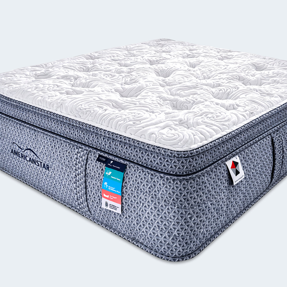 Detailed corner view of the Americanstar Bluesky Lux Box Top Mattress showing the premium blue woven side fabric and thick swirl-quilted comfort top.
