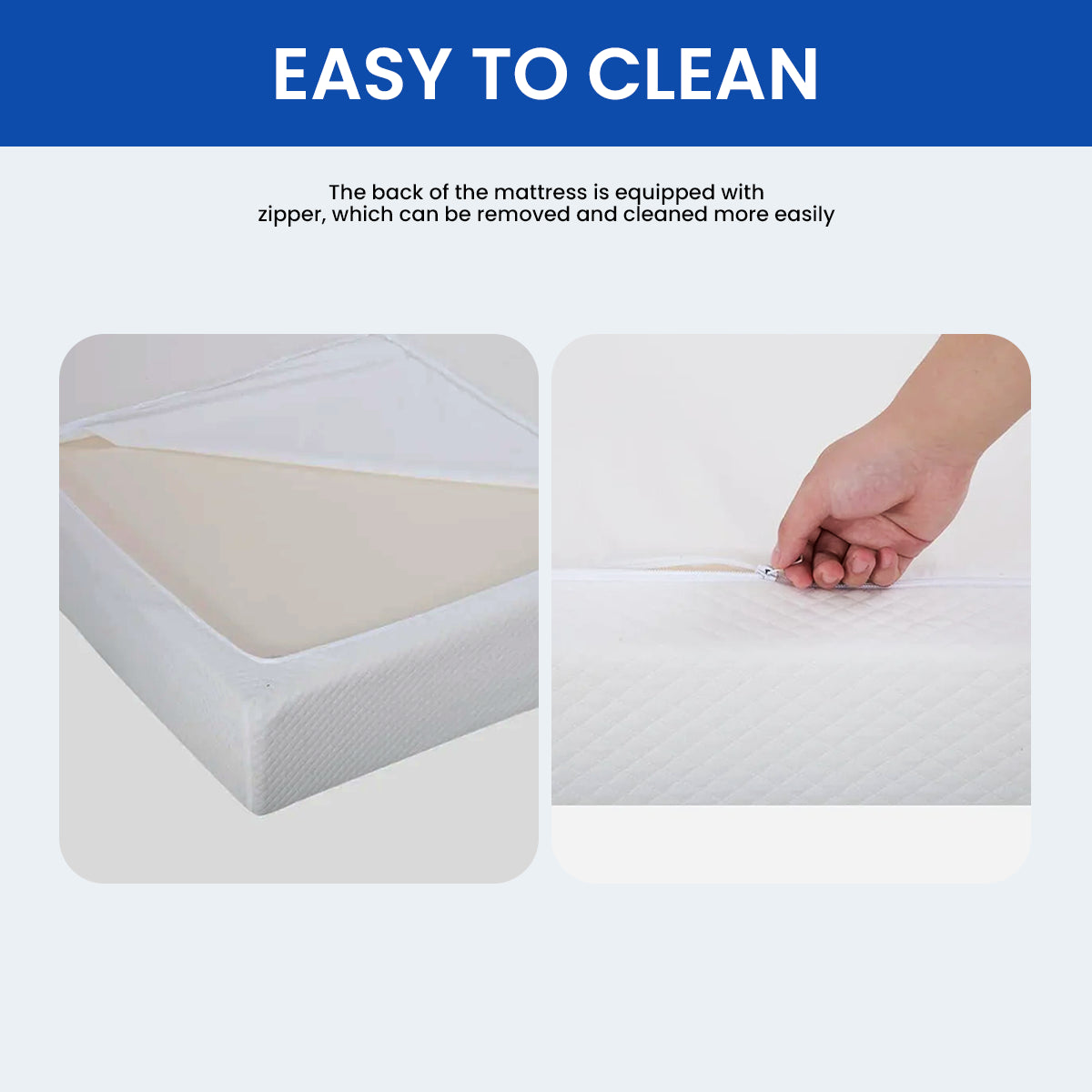 Close-up of American Bedding Maya mattress highlighting the removable zipper cover for easy washing.