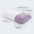 Malouf Zoned ActiveDough diagram showing lavender oil infusion, zoned support, and Tencel mesh cover features.
