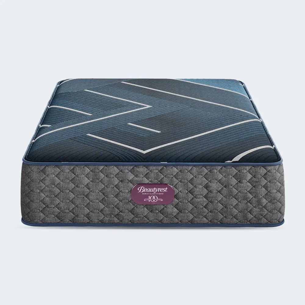 Overhead view of the Beautyrest World Class Hybrid mattress surface featuring a modern geometric pattern.
