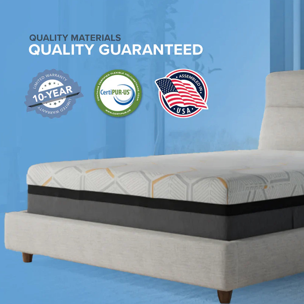 Quality certification graphic for South Bay mattresses featuring a 10-year limited warranty, CertiPUR-US foam, and assembled in the USA seal.
