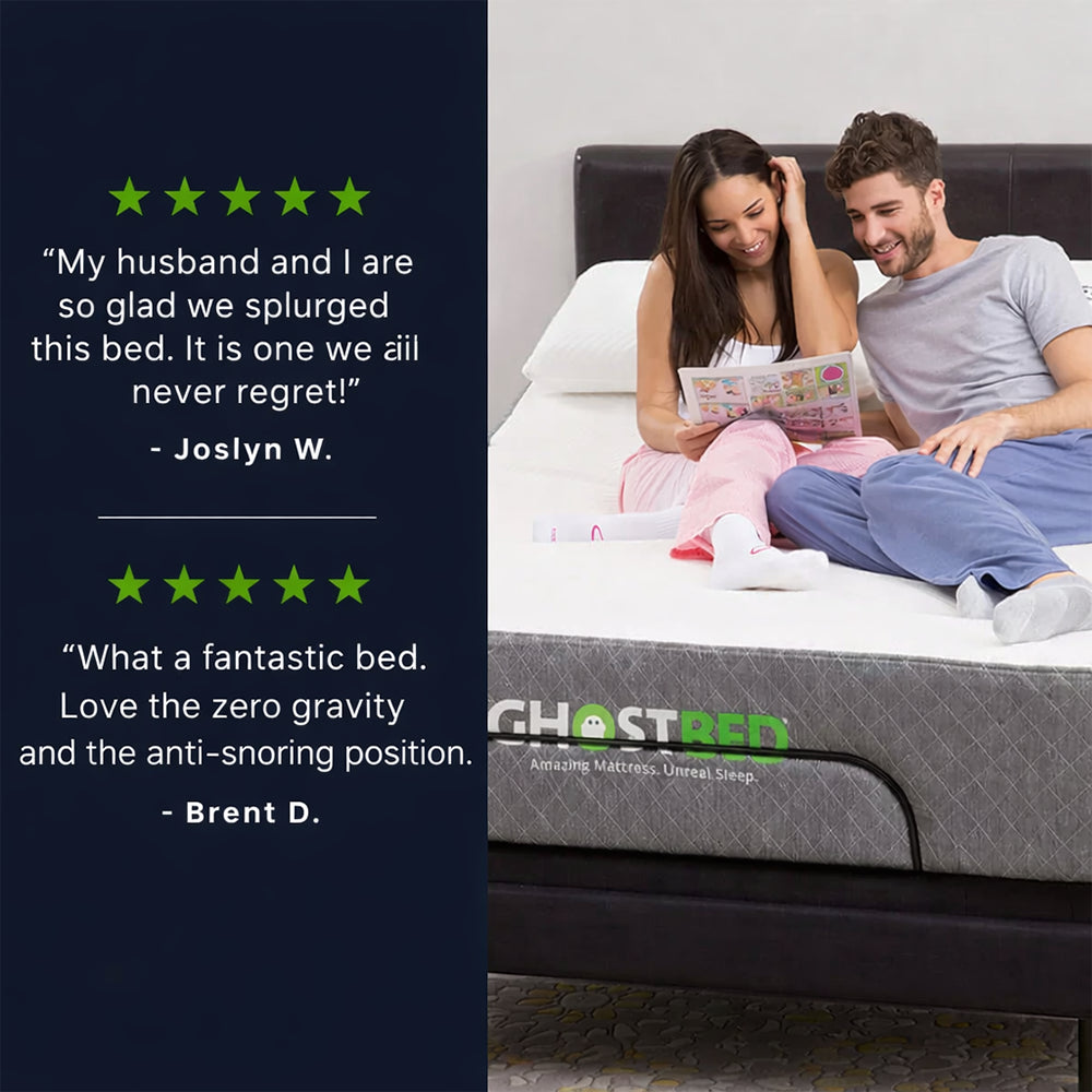 Lifestyle image of a couple on a GhostBed Adjustable Base with customer testimonials praising the Zero Gravity and Anti-Snore positions.
