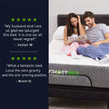 Lifestyle image of a couple on a GhostBed Adjustable Base with customer testimonials praising the Zero Gravity and Anti-Snore positions.
