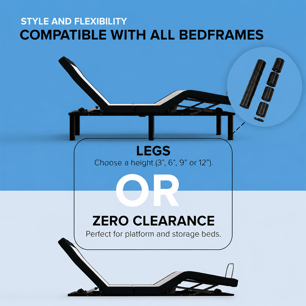 SBKD3 adjustable base featuring customizable 3 to 12 inch legs and zero-clearance design for use on platform or storage beds.
