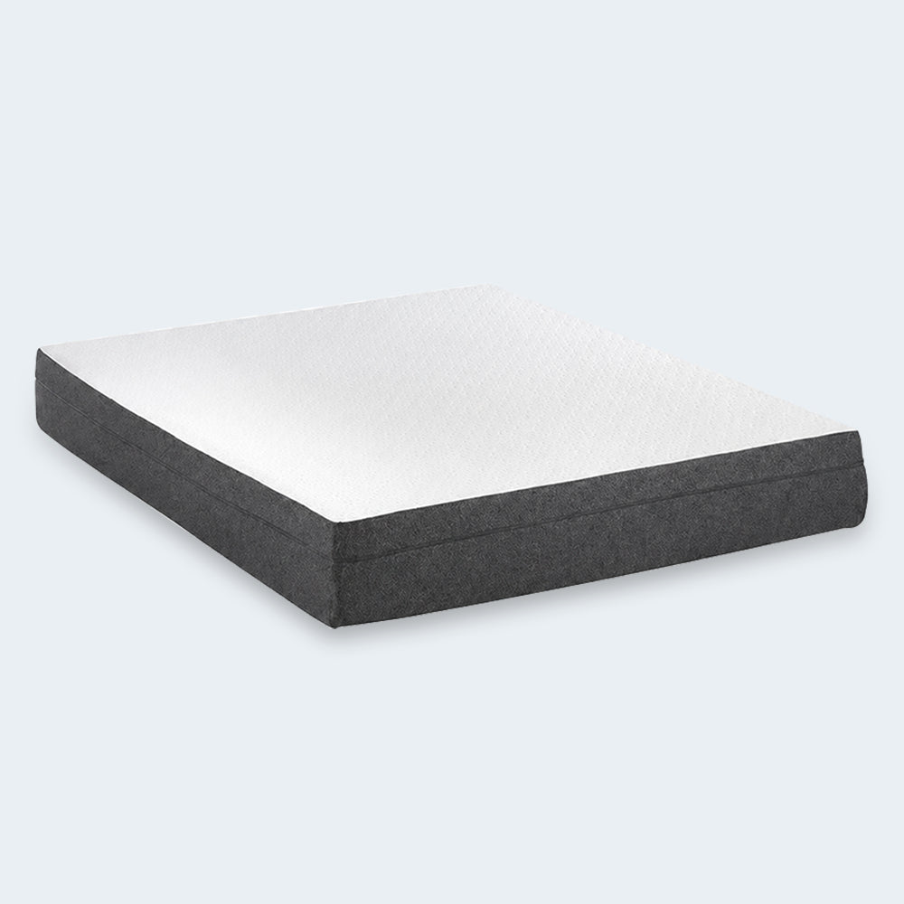 Perspective studio shot of the South Bay Rose 10-inch medium gel memory foam mattress featuring a charcoal grey fabric border and white top.
