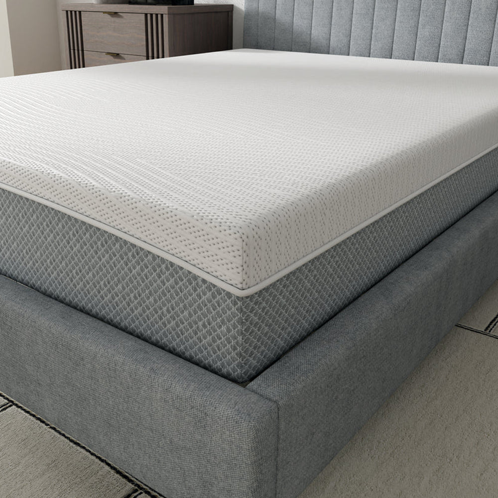 Close-up corner view of the South Bay EcoCore Hybrid mattress showcasing the premium quilted cover and durable side construction.