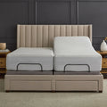 Split king adjustable bed featuring Malouf HyperChill mattress protectors for quiet, cooling protection.